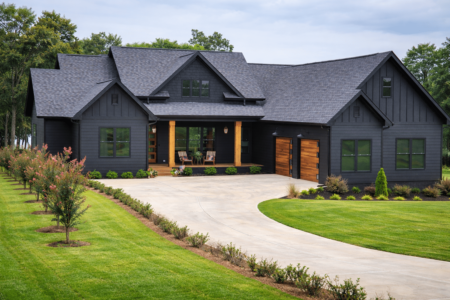 Modern gray luxury designer home with wooden garage doors and porch beams.